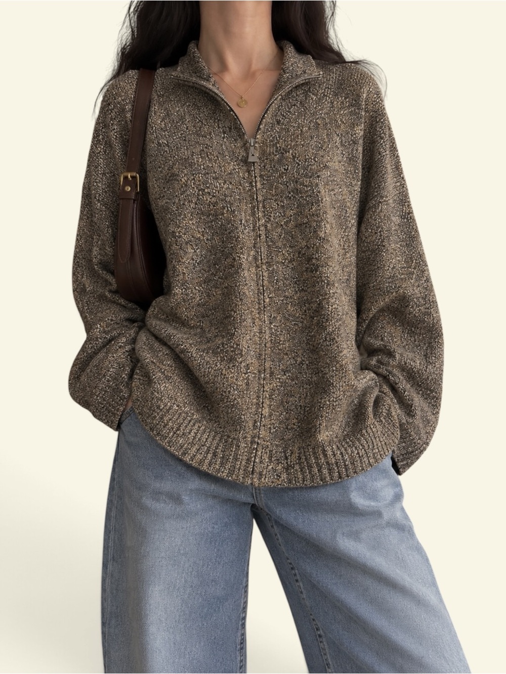 VTG Y2K White Stag Chunky Marled Knit Full Zip Sweater Cardigan Brown Plus 14W